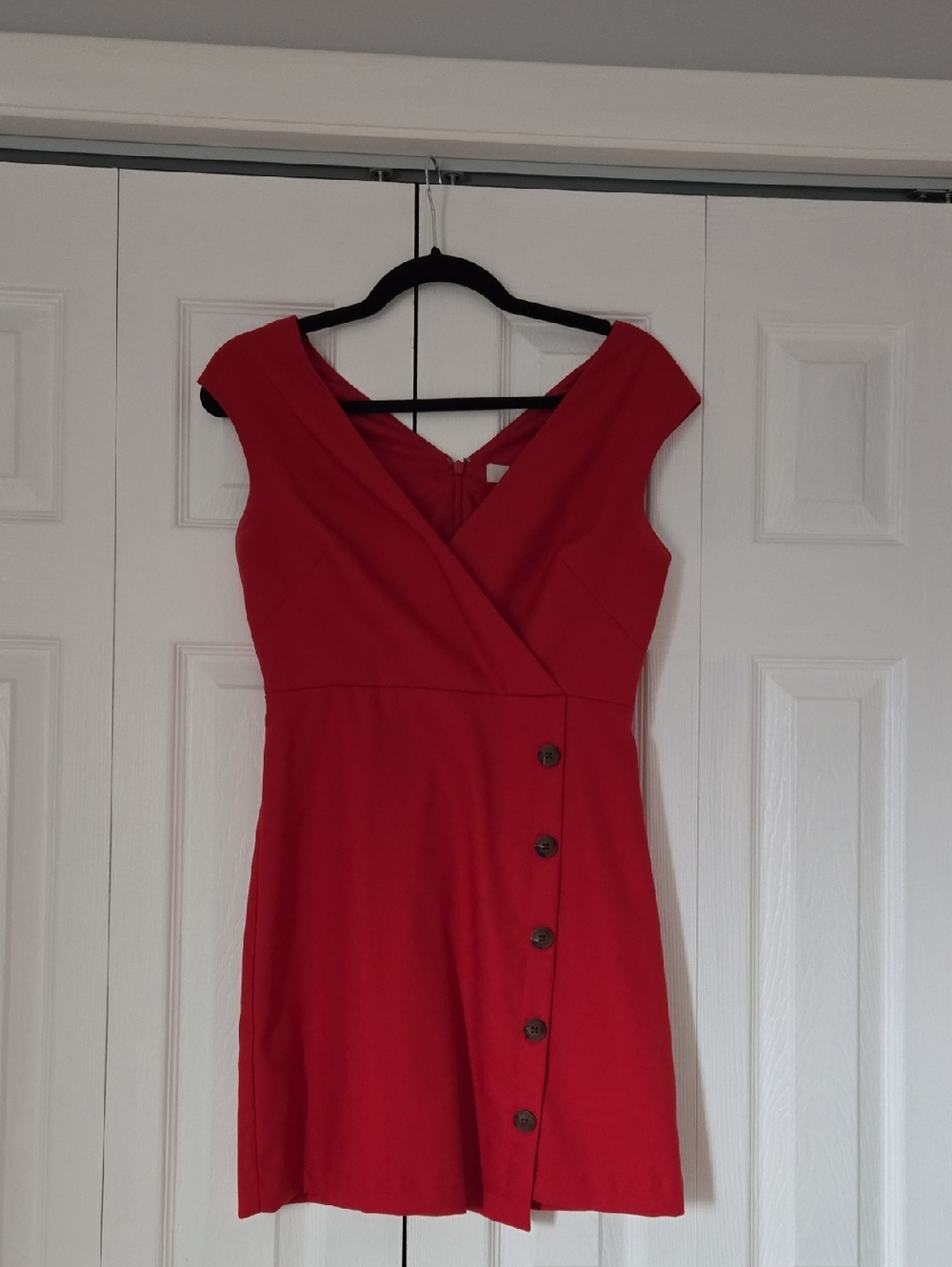 LOFT Red Cap-Sleeve Wrap-Style Mini Dress with Side Buttons